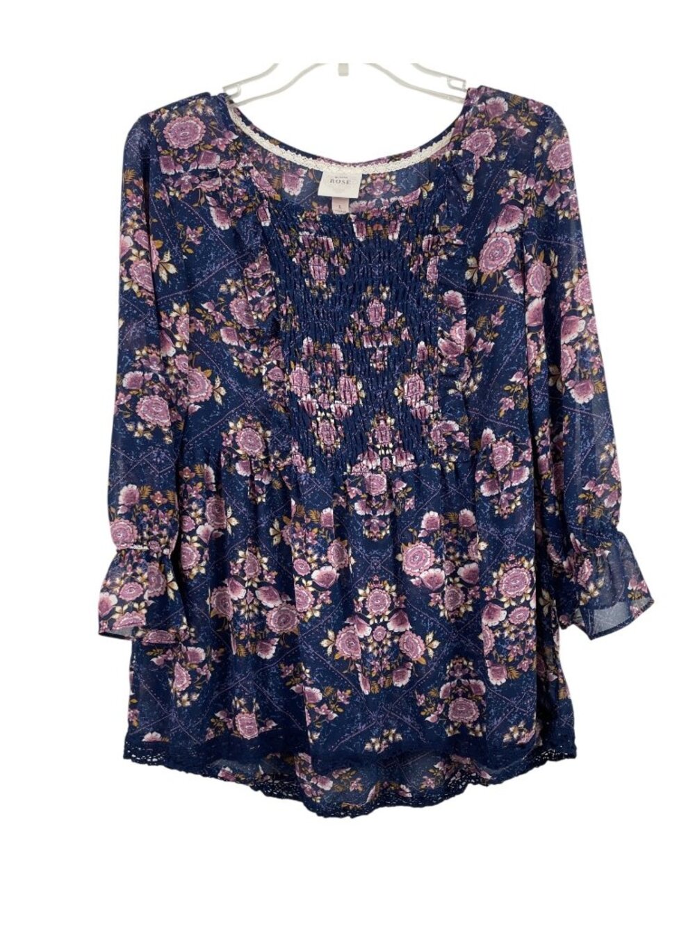 Knox Rose Floral Peasant Blouse With Ruffle Sleeves & Lace Hem Womens Size L